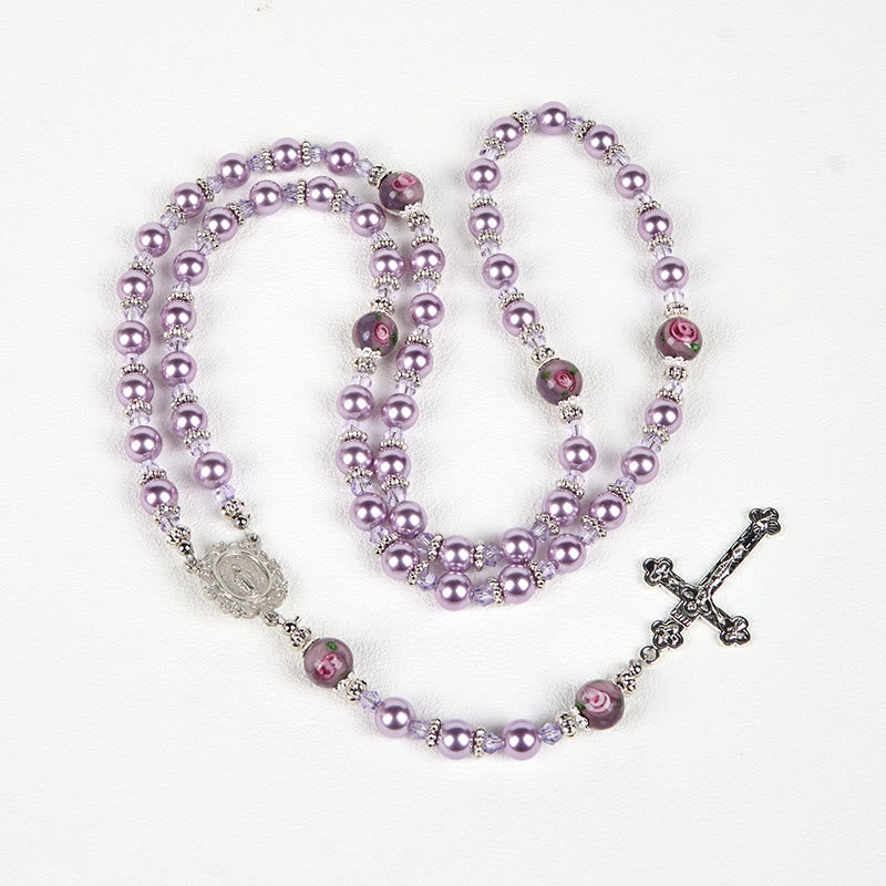 Miraculous Medal & Crucifix 8mm Purple Pearl & Crystal Handmade Rosary - Sacred Beads for Holy Prayer