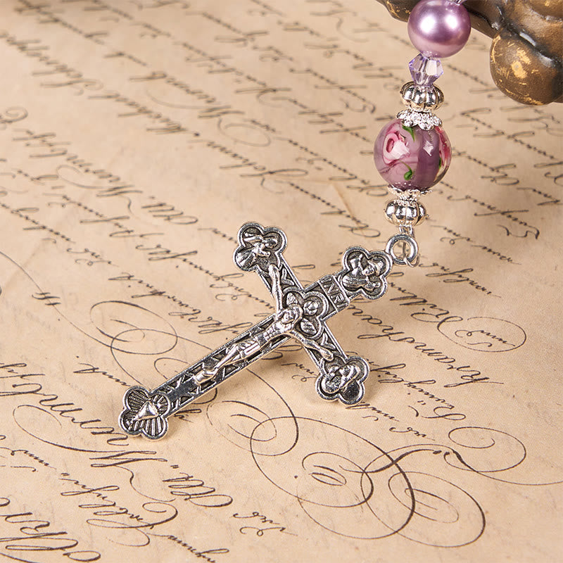 Miraculous Medal & Crucifix 8mm Purple Pearl & Crystal Handmade Rosary - Sacred Beads for Holy Prayer