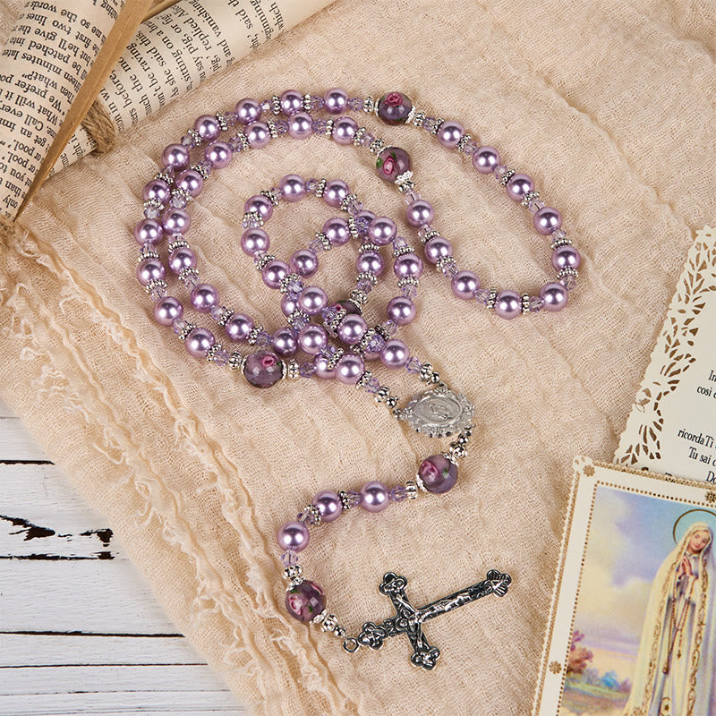 Miraculous Medal & Crucifix 8mm Purple Pearl & Crystal Handmade Rosary - Sacred Beads for Holy Prayer