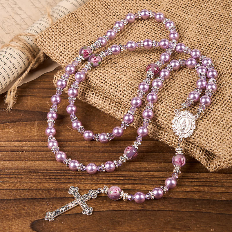 Miraculous Medal & Crucifix 8mm Purple Pearl & Crystal Handmade Rosary - Sacred Beads for Holy Prayer