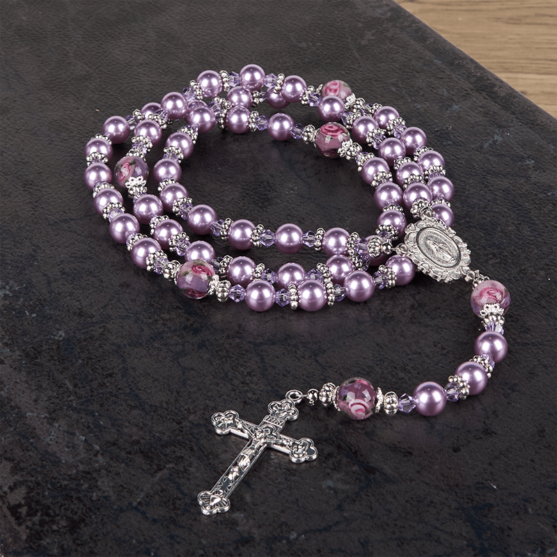 Miraculous Medal & Crucifix 8mm Purple Pearl & Crystal Handmade Rosary - Sacred Beads for Holy Prayer