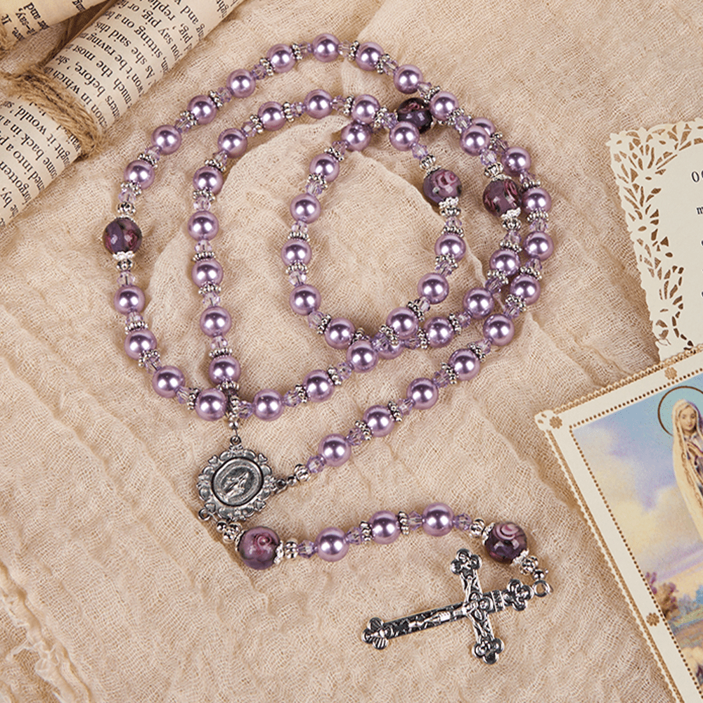 Miraculous Medal & Crucifix 8mm Purple Pearl & Crystal Handmade Rosary - Sacred Beads for Holy Prayer