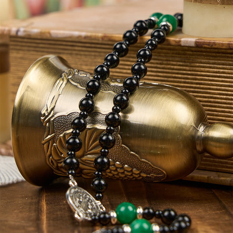 PRAYERFUL FAITH: St. Benedict & Crucifix of 8mm Obsidian & Jade Handmade Bead Rosary