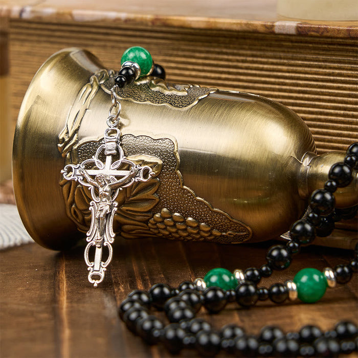 St. Benedict & Crucifix of 8mm Obsidian & Jade Handmade Bead Rosary - Faith and Sacred Connection
