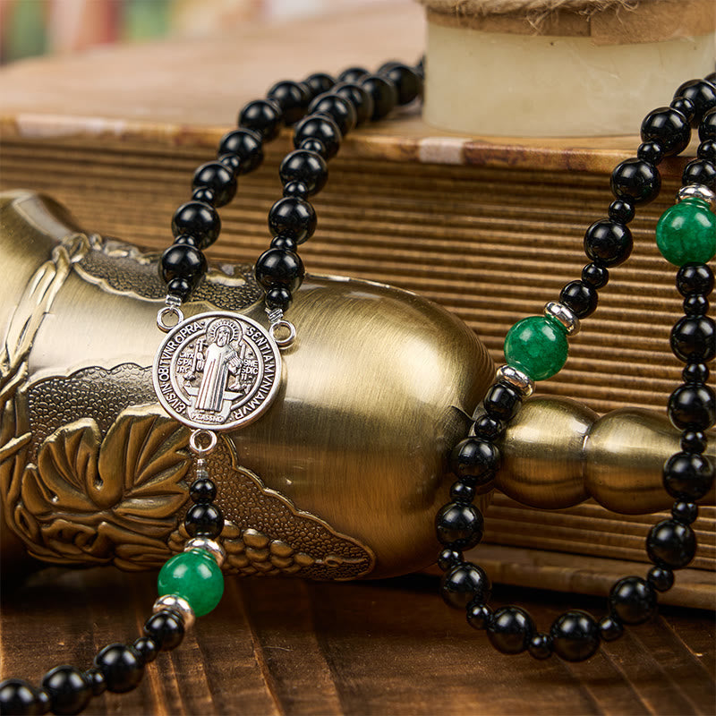 PRAYERFUL FAITH: St. Benedict & Crucifix of 8mm Obsidian & Jade Handmade Bead Rosary