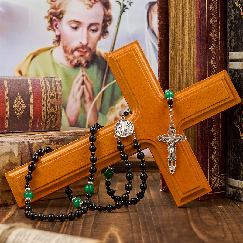 St. Benedict & Crucifix of 8mm Obsidian & Jade Handmade Bead Rosary - Faith and Sacred Connection