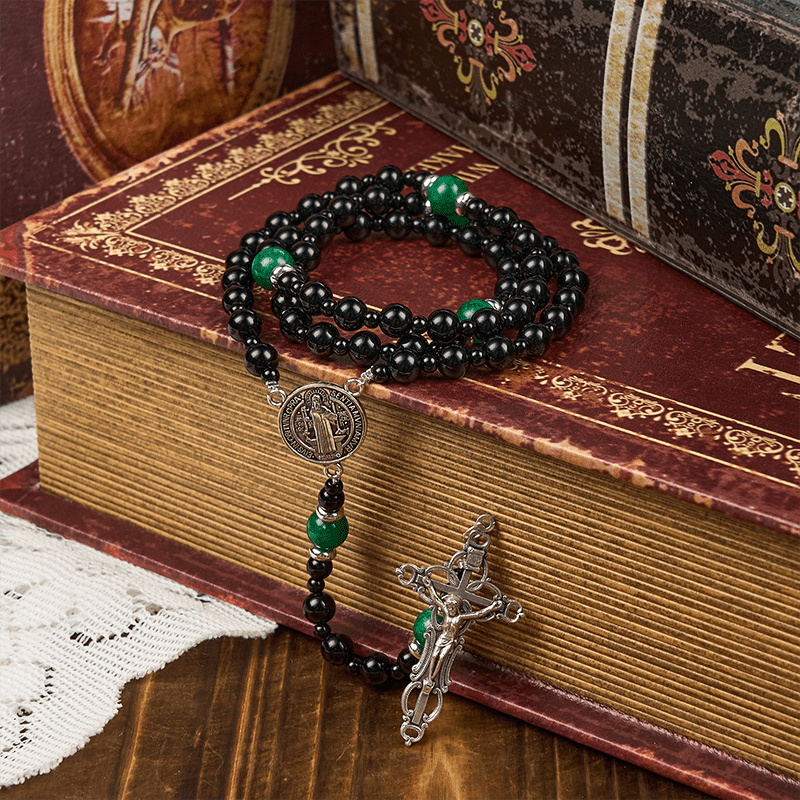 PRAYERFUL FAITH: St. Benedict & Crucifix of 8mm Obsidian & Jade Handmade Bead Rosary