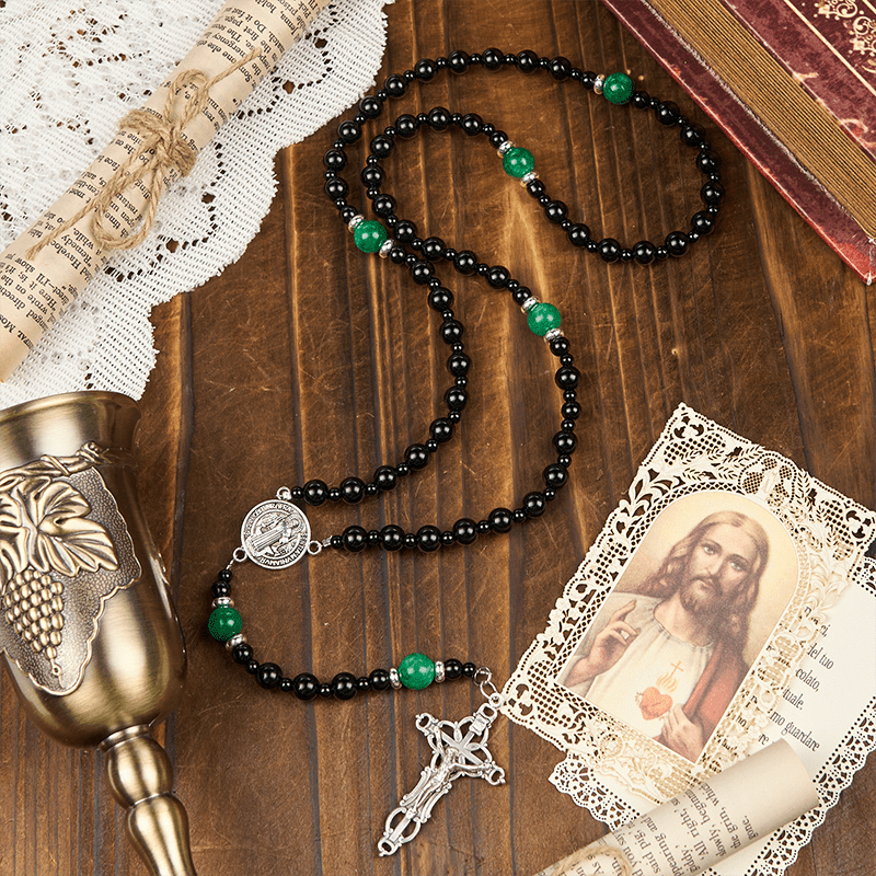 PRAYERFUL FAITH: St. Benedict & Crucifix of 8mm Obsidian & Jade Handmade Bead Rosary