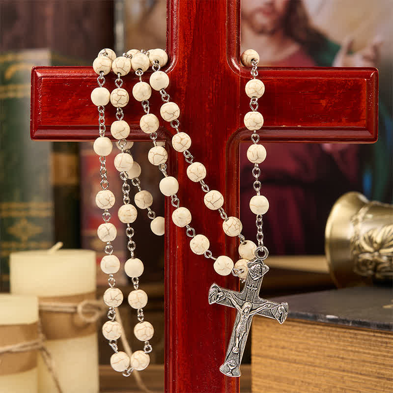 Miraculous Medal & Crucifix of 8mm White Pine Prayer Beads Rosary
