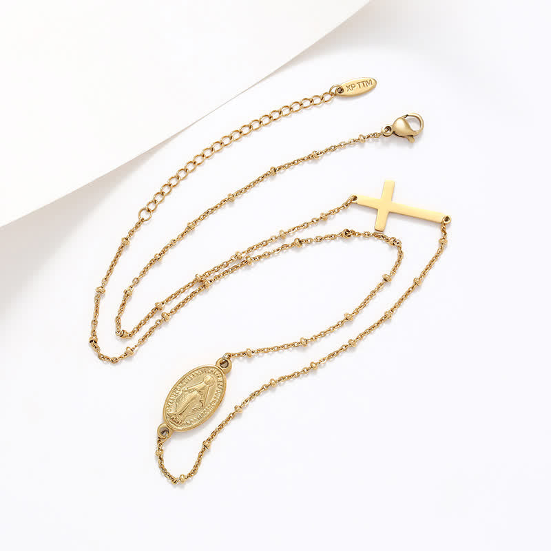 Elegant Gold-Tone Miraculous Medal&Simple Cross Pendant Necklace