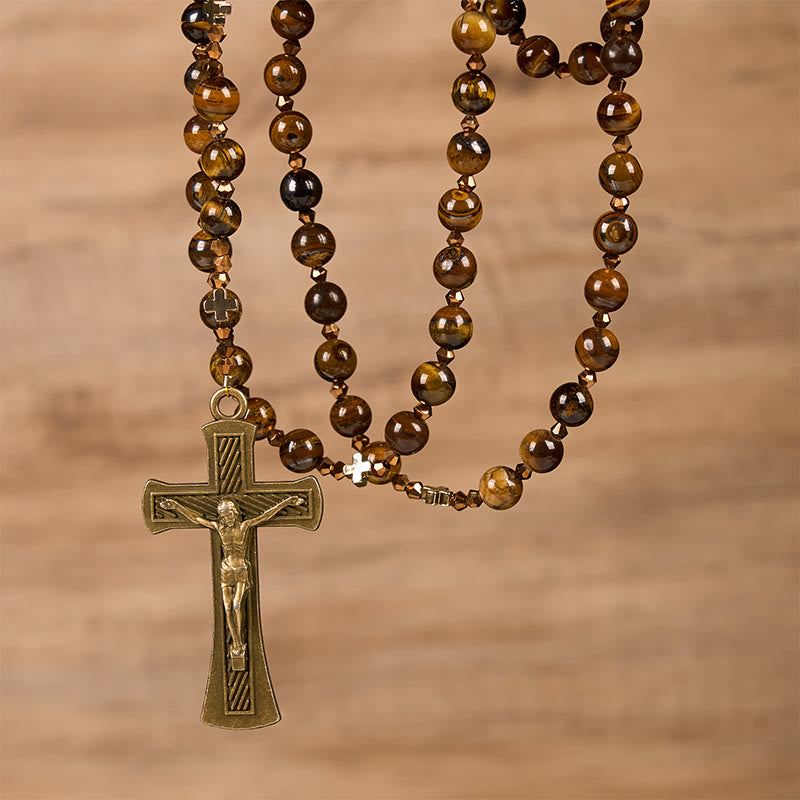 St. Benedict Medal & Crucifix of 8 mm Round Brown Tiger's Eye Alloy Chain Rosary