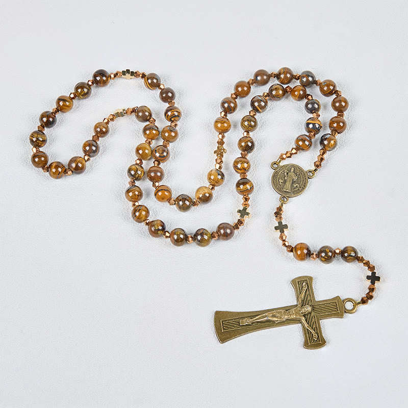St. Benedict Medal & Crucifix of 8 mm Round Brown Tiger's Eye Alloy Chain Rosary