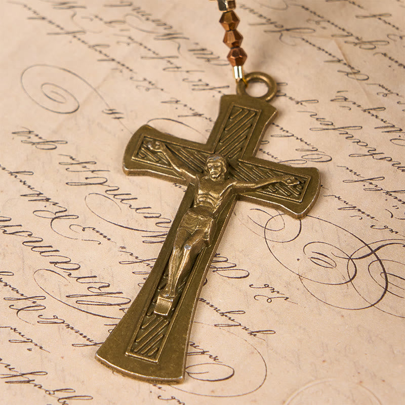 St. Benedict Medal & Crucifix of 8 mm Round Brown Tiger's Eye Alloy Chain Rosary