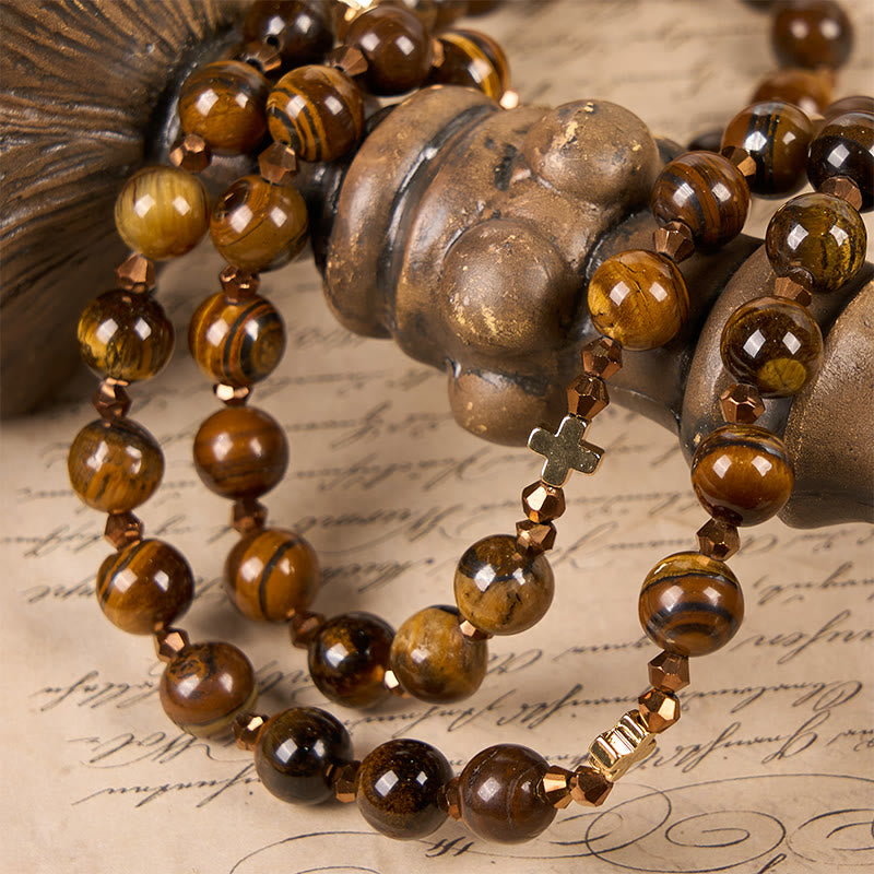 St. Benedict Medal & Crucifix of 8 mm Round Brown Tiger's Eye Alloy Chain Rosary