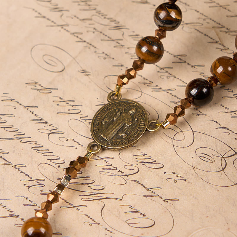 St. Benedict Medal & Crucifix of 8 mm Round Brown Tiger's Eye Alloy Chain Rosary