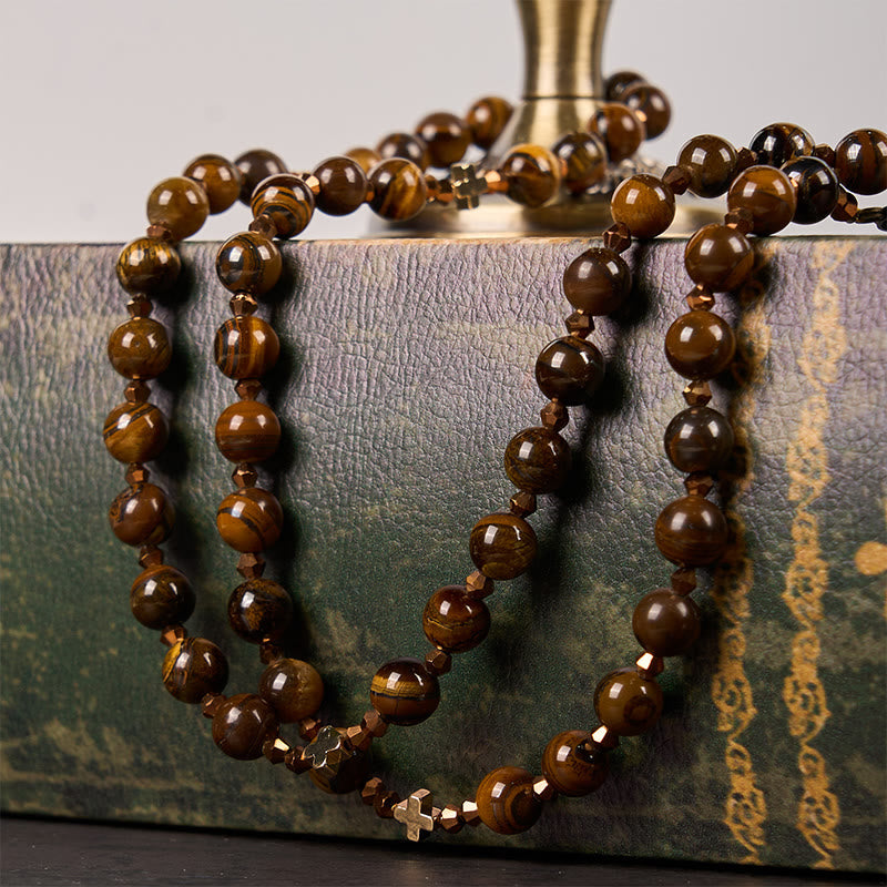 St. Benedict Medal & Crucifix of 8 mm Round Brown Tiger's Eye Alloy Chain Rosary