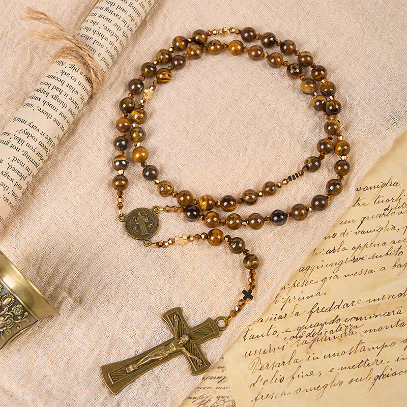 St. Benedict Medal & Crucifix of 8 mm Round Brown Tiger's Eye Alloy Chain Rosary