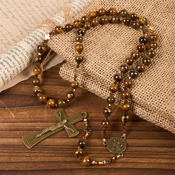 St. Benedict Medal & Crucifix of 8 mm Round Brown Tiger's Eye Alloy Chain Rosary