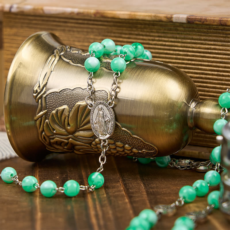 Miraculous Medal & Crucifix of 8mm Luminous Bead Rosary for Night Praying