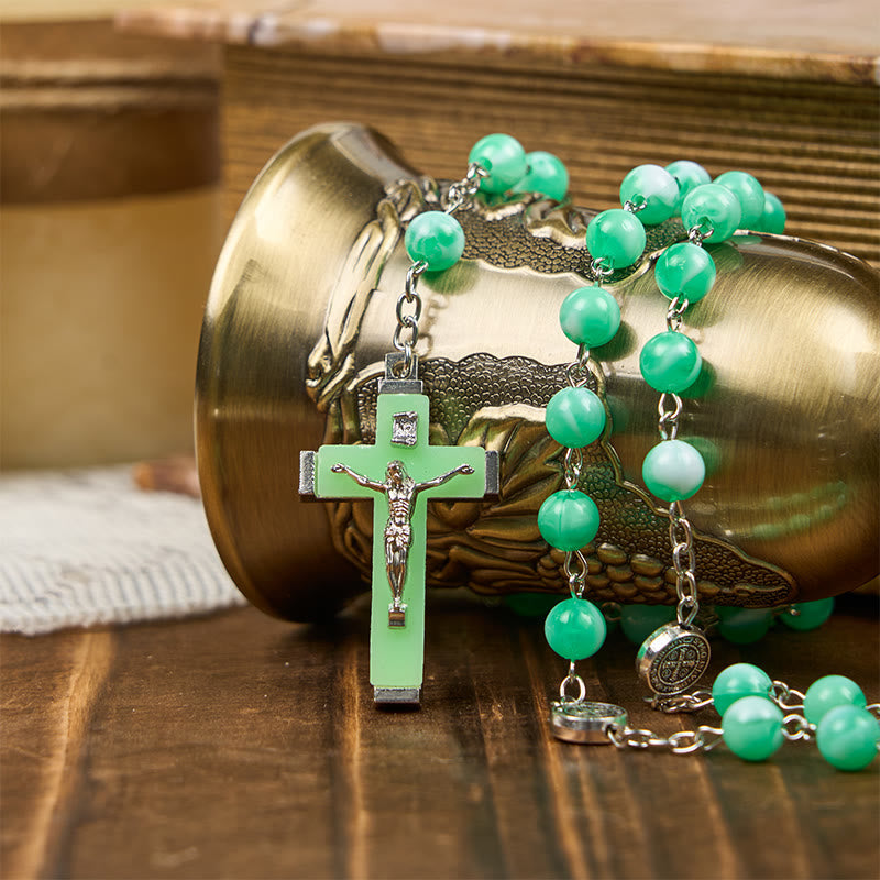 Miraculous Medal & Crucifix of 8mm Luminous Bead Rosary for Night Praying
