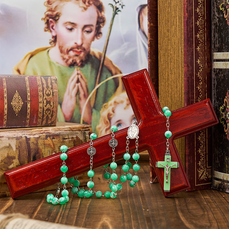 Miraculous Medal & Crucifix of 8mm Luminous Bead Rosary for Night Praying