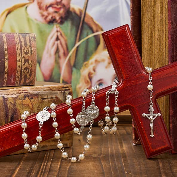 Crucifix & Our Lady of 8mm Pearl Prayer Beads Rosary (3 Colors)