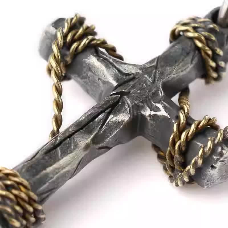Exquisite 925 Sterling Silver and Brass Rope Forged Cross Necklace