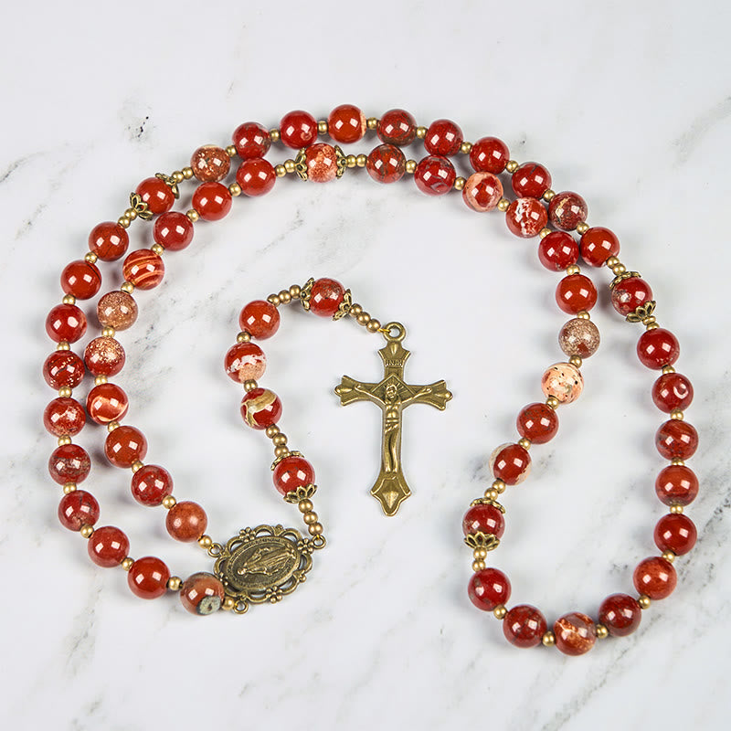 Handmade 8mm Red Jasper Gemstone Rosary with Miraculous Medal & Crucifix