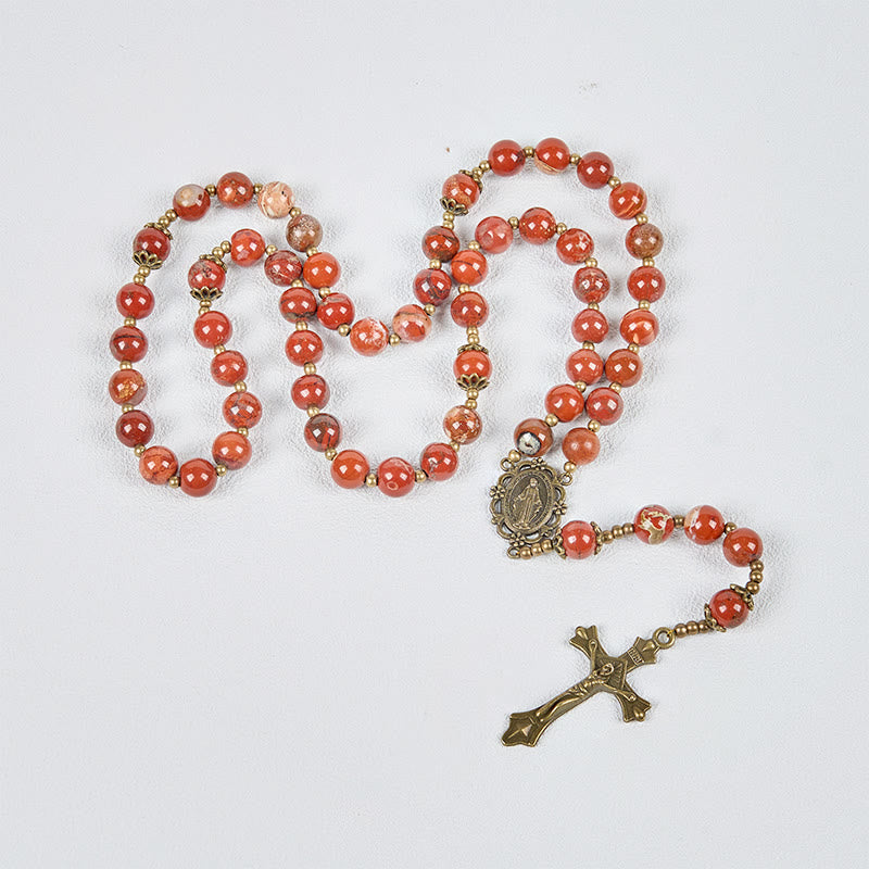 Handmade 8mm Red Jasper Gemstone Rosary with Miraculous Medal & Crucifix