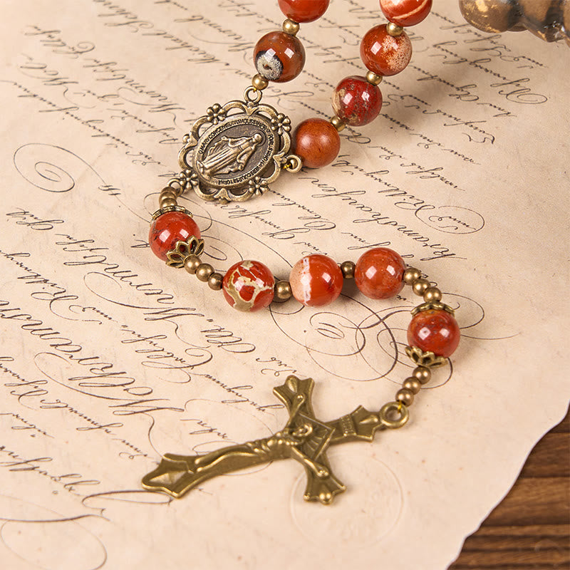 Handmade 8mm Red Jasper Gemstone Rosary with Miraculous Medal & Crucifix
