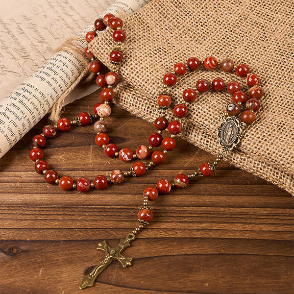 Handmade 8mm Red Jasper Gemstone Rosary with Miraculous Medal & Crucifix