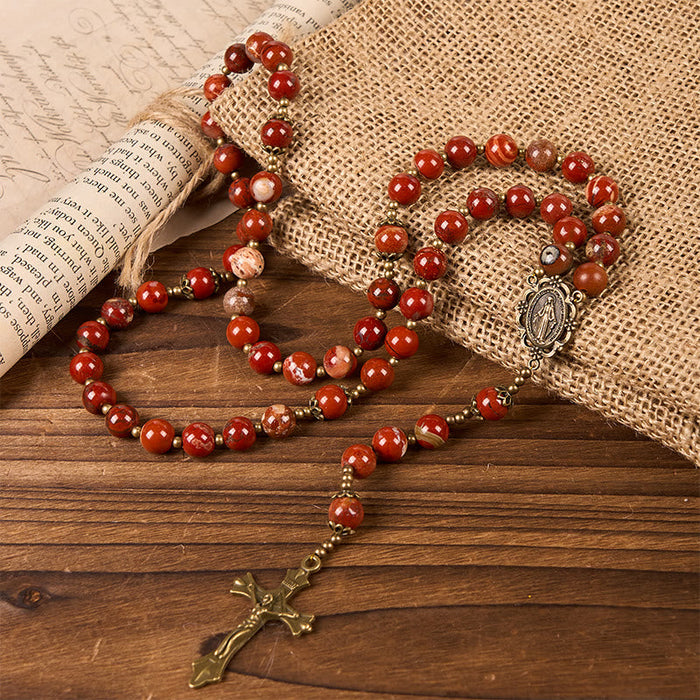 Handmade 8mm Red Jasper Gemstone Rosary with Miraculous Medal & Crucifix