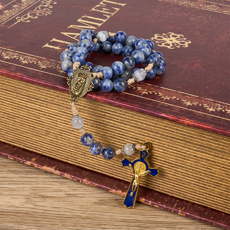 PRAYERFUL FAITH: Round Blue Stone Nylon Cord Rosary with Gift Card