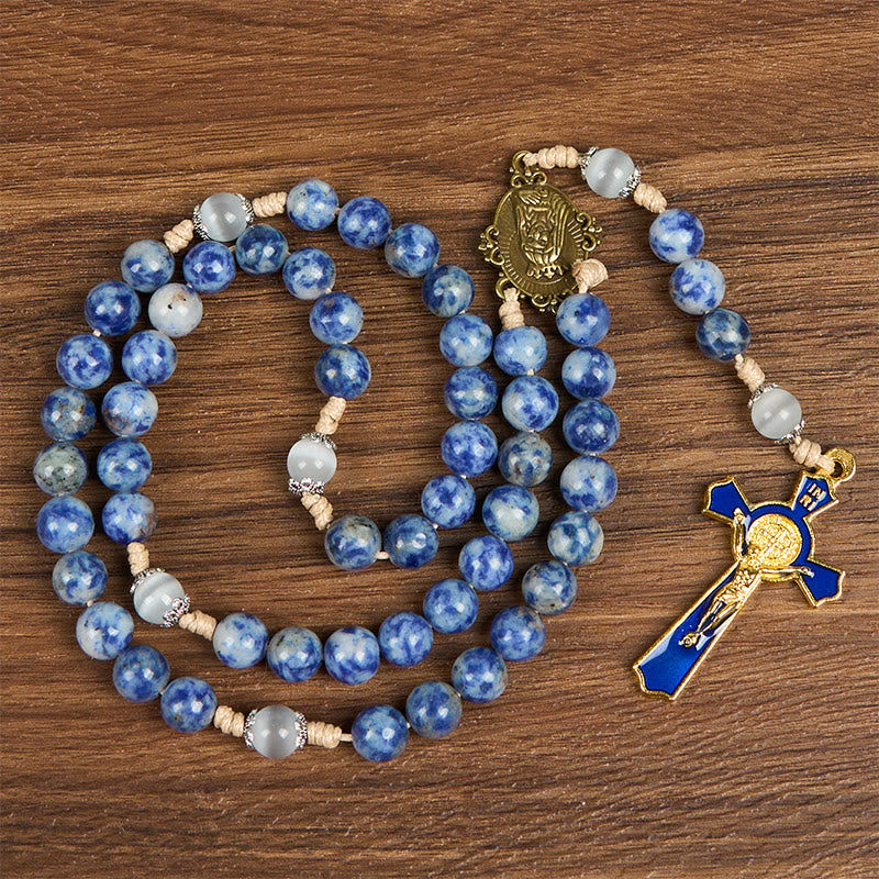 PRAYERFUL FAITH: Round Blue Stone Nylon Cord Rosary with Gift Card