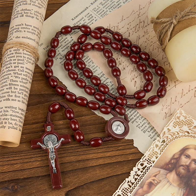 St. Benedict & Crucifix of 8*10mm Oval Bead Rosary - Three Timeless Colors