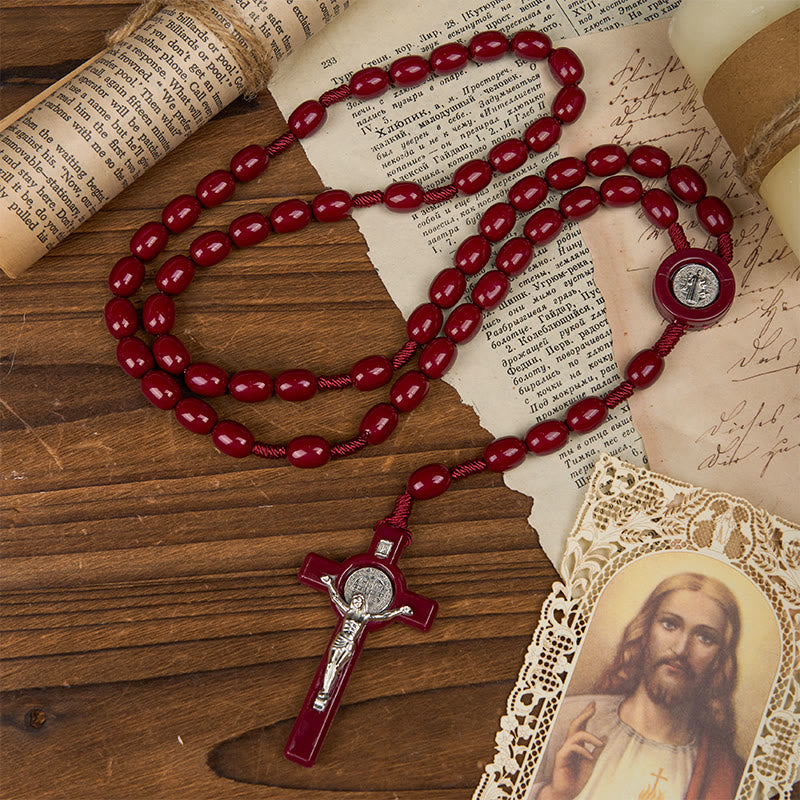St. Benedict & Crucifix of 8*10mm Oval Bead Rosary - Three Timeless Colors