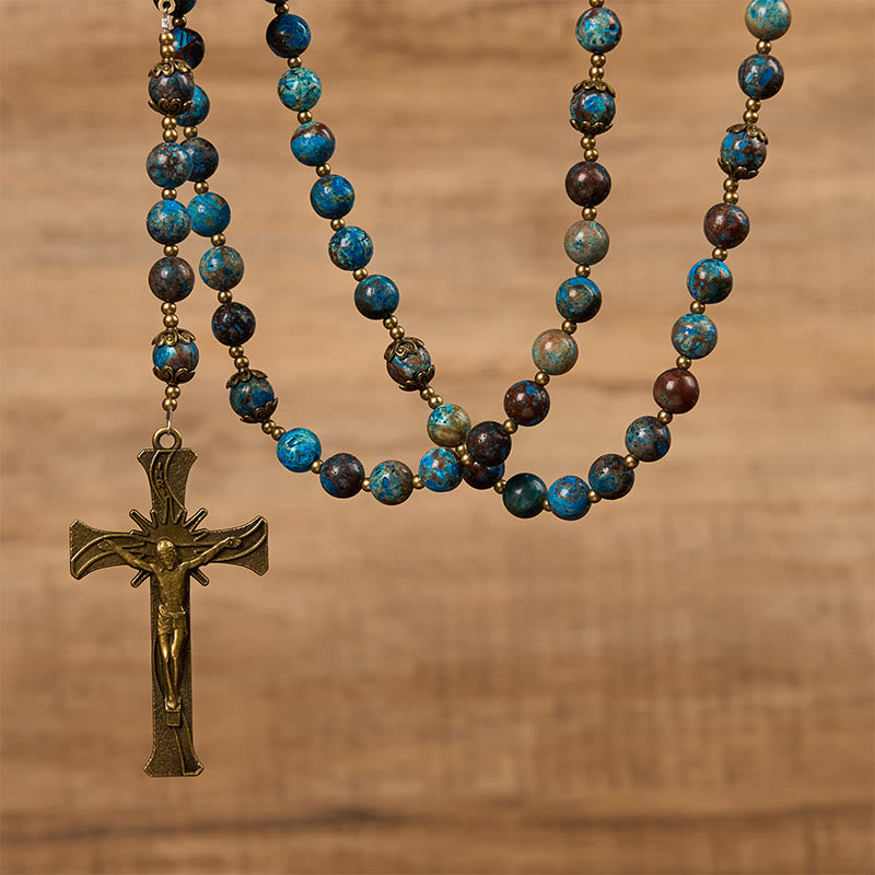Blue Pattern Beads Handmade Rosary: Miraculous Medal & Crucifix of 8mm Authentic Larimar Stone