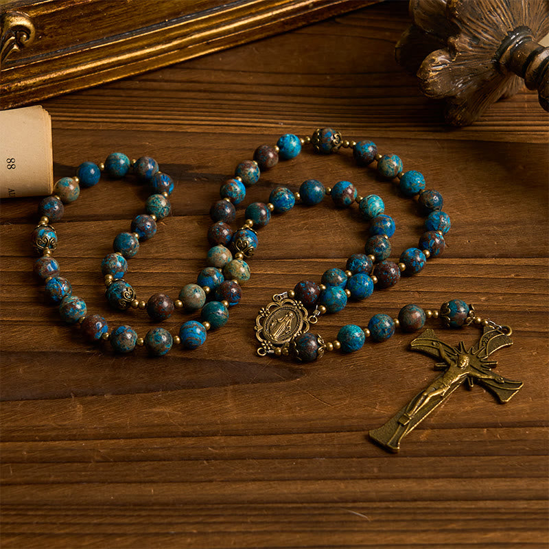 Jesus Is The Gift: Blue Pattern Beads Handmade Rosary of Authentic Larimar Stone