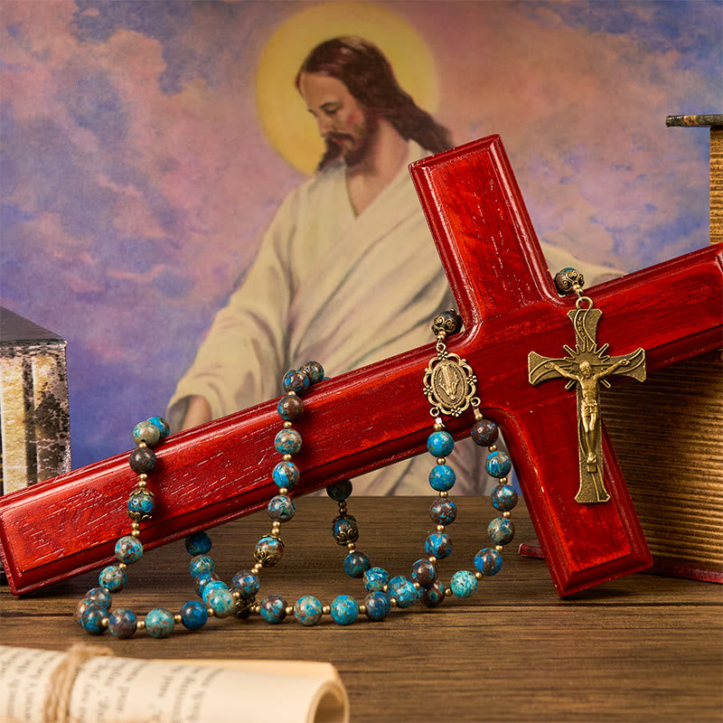 Jesus Is The Gift: Blue Pattern Beads Handmade Rosary of Authentic Larimar Stone