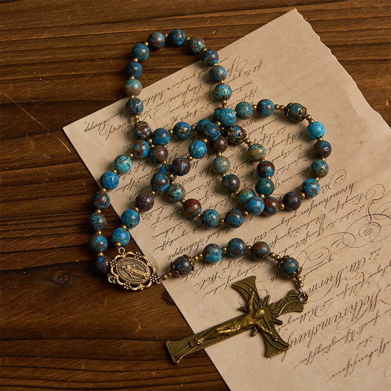 Jesus Is The Gift: Blue Pattern Beads Handmade Rosary of Authentic Larimar Stone