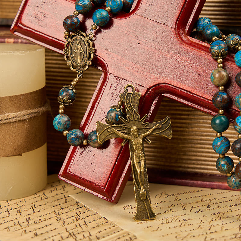 Jesus Is The Gift: Blue Pattern Beads Handmade Rosary of Authentic Larimar Stone