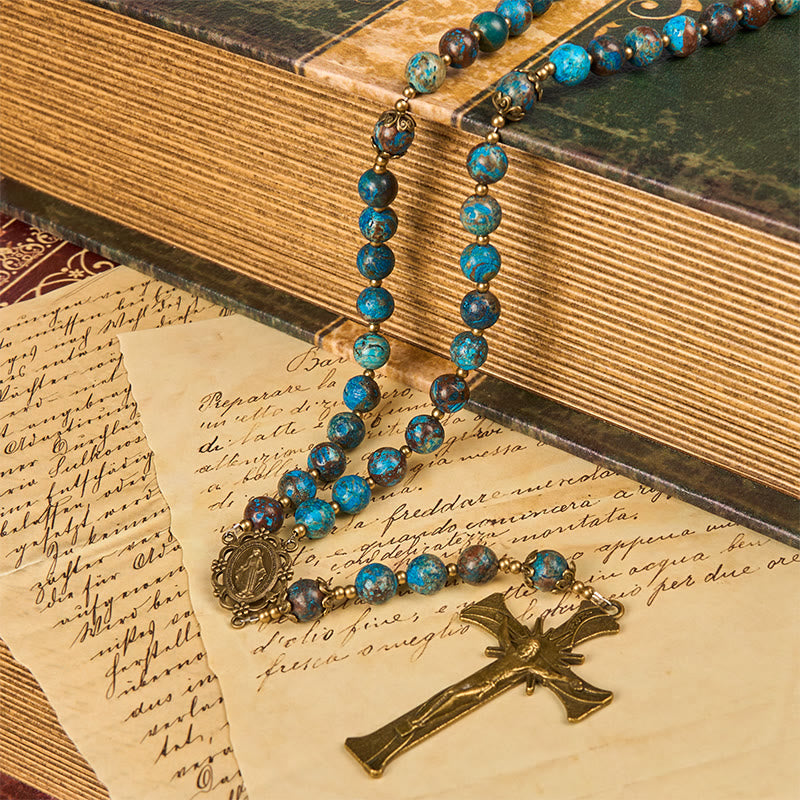 Jesus Is The Gift: Blue Pattern Beads Handmade Rosary of Authentic Larimar Stone