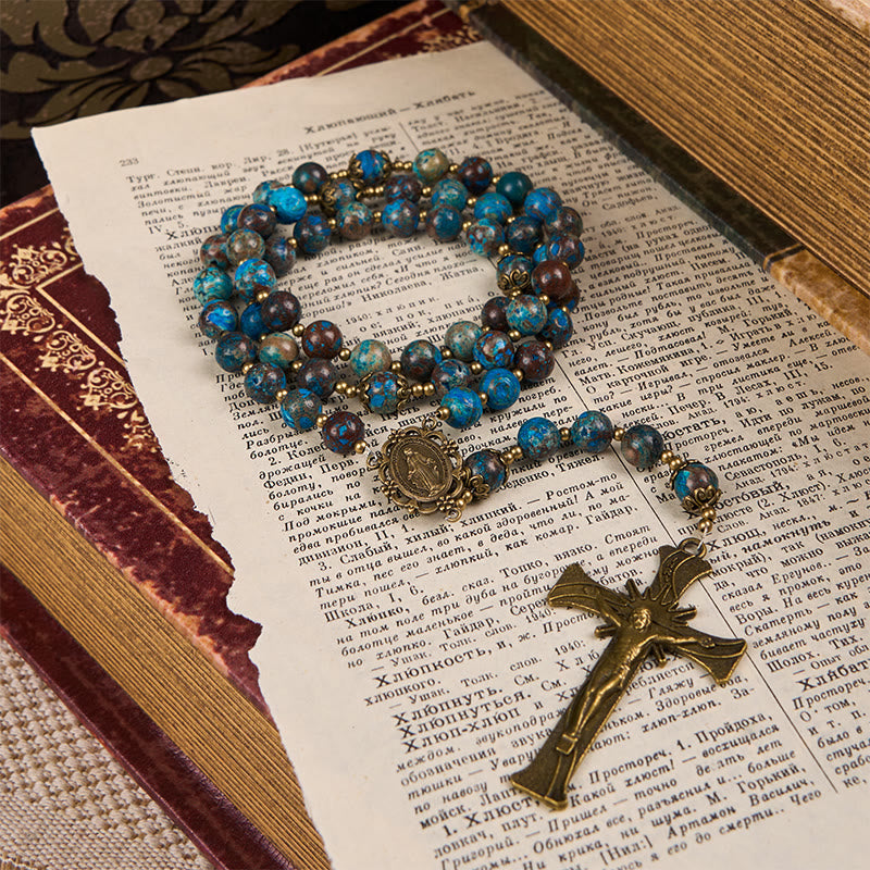 Jesus Is The Gift: Blue Pattern Beads Handmade Rosary of Authentic Larimar Stone