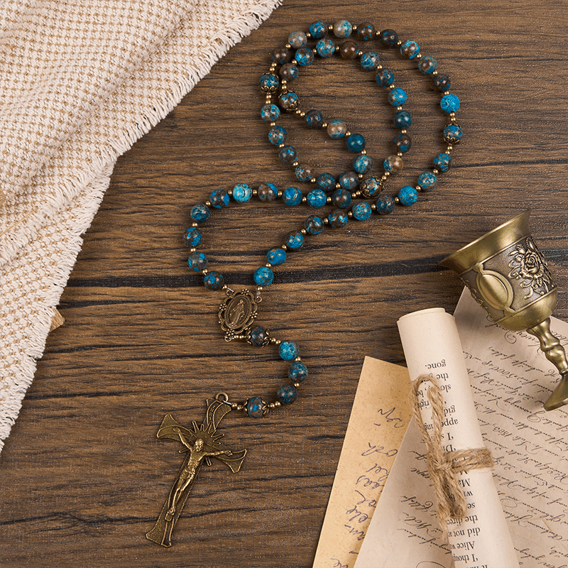 Jesus Is The Gift: Blue Pattern Beads Handmade Rosary of Authentic Larimar Stone