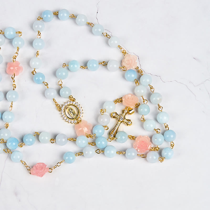 Our Lady of Guadalupe & Crucifix of 8mm Handmade Blue Aquamarine Chalcedony Beads Rosary