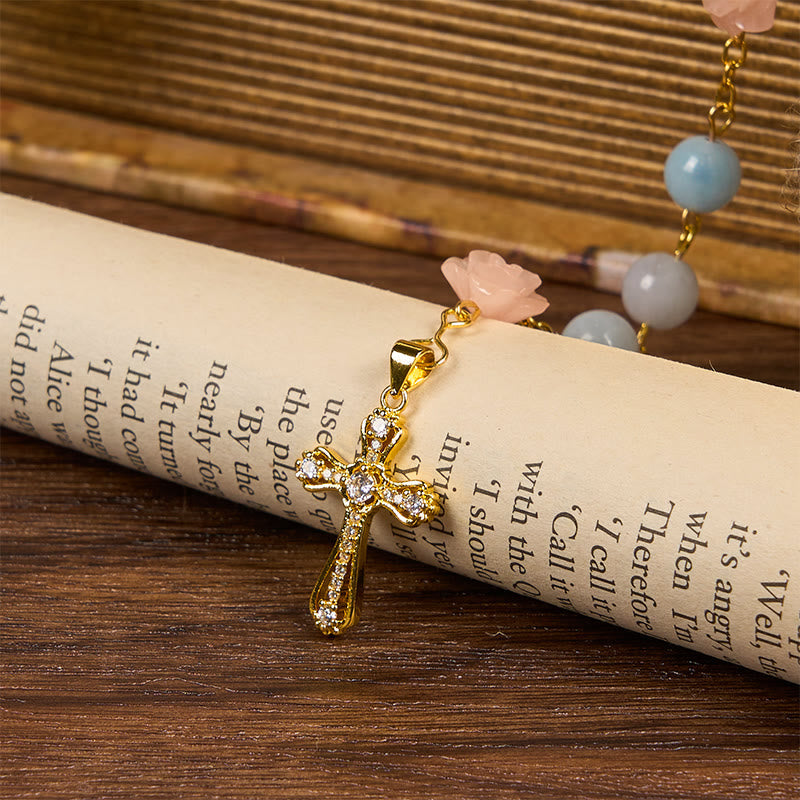 Our Lady of Guadalupe & Crucifix of 8mm Handmade Blue Aquamarine Chalcedony Beads Rosary