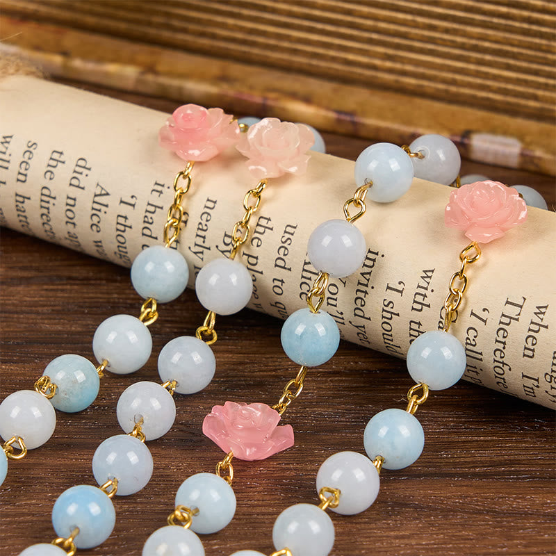Our Lady of Guadalupe & Crucifix of 8mm Handmade Blue Aquamarine Chalcedony Beads Rosary