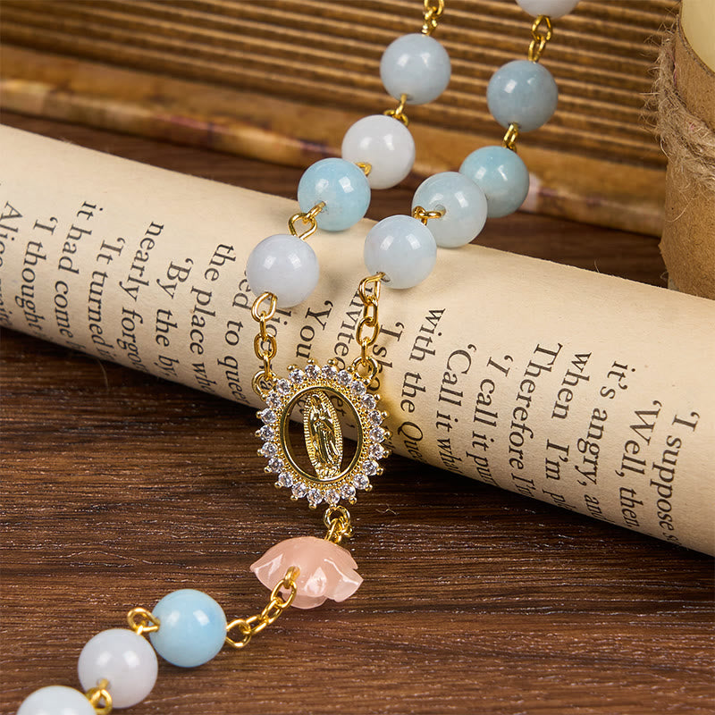 Our Lady of Guadalupe & Crucifix of 8mm Handmade Blue Aquamarine Chalcedony Beads Rosary