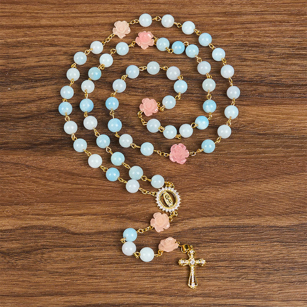 Our Lady of Guadalupe & Crucifix of 8mm Handmade Blue Aquamarine Chalcedony Beads Rosary