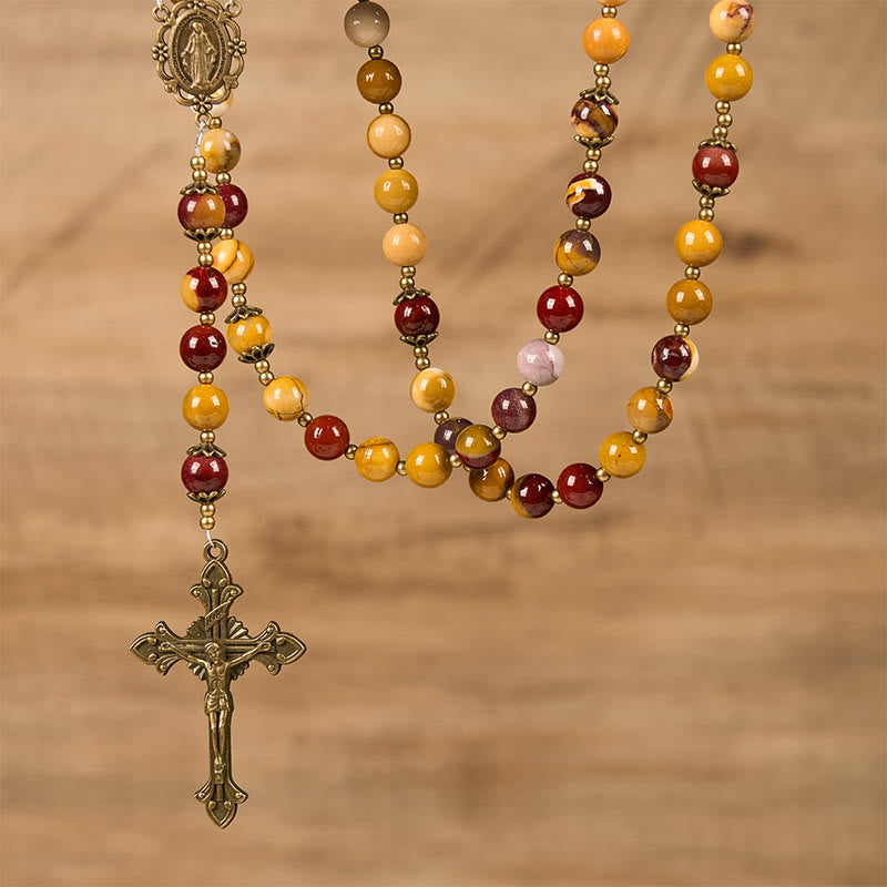 Miraculous Medal & Crucifix of 8mm Natural Egg Yolk Jade Rosary - Handcrafted Rosary Beads